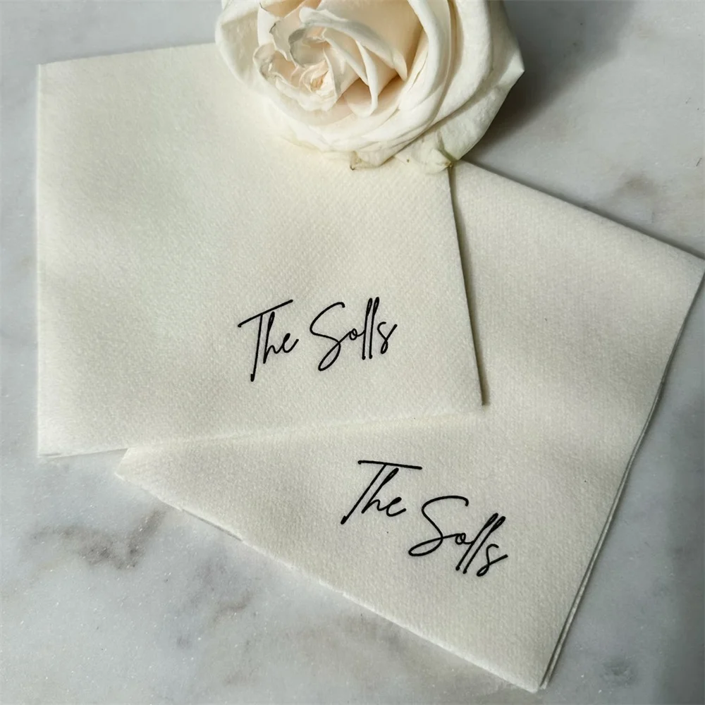 50PCS Custom Elegant Script Last Name Linen Like Beverage Napkins, Champagne Linen Like Wedding Napkins, Custom Napkins, Engagem