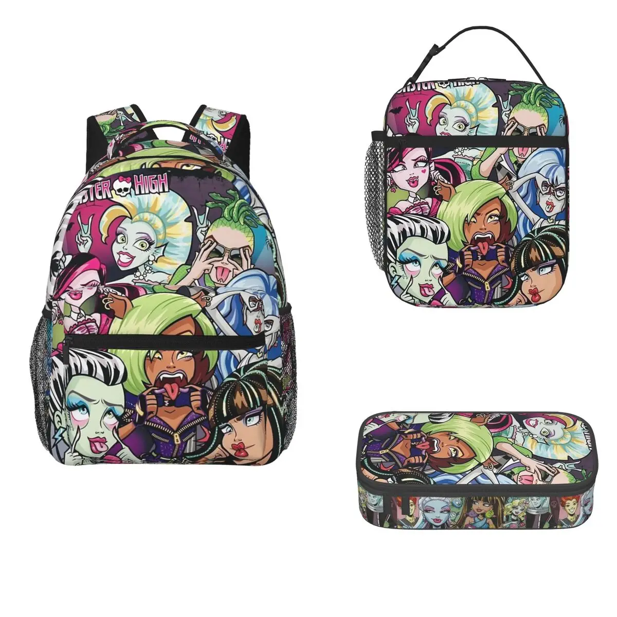 

Monster High Doll Pretty Pink Pattern Backpacks Boys Girls Bookbag Cartoon Kids Rucksack Lunch Bag Pen Bag Three-Piece Set