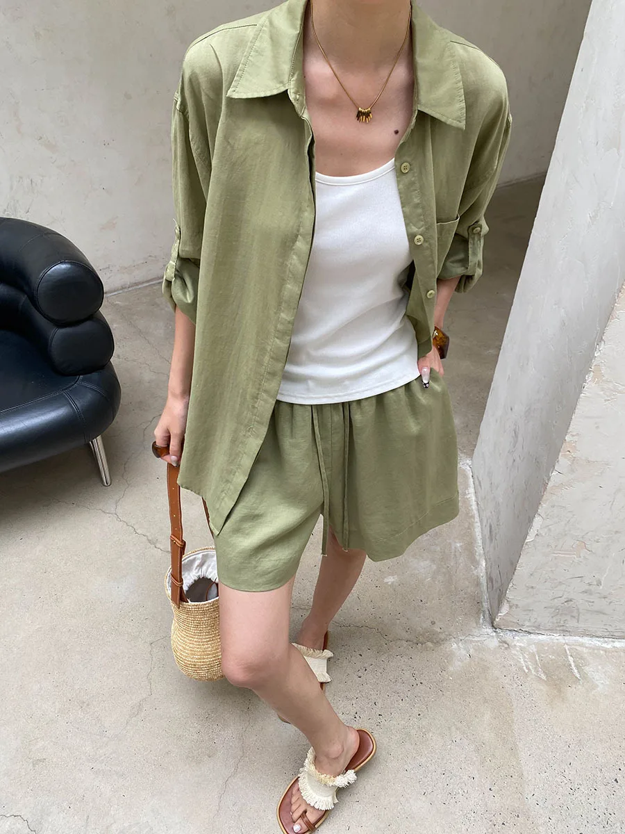 Sommer Damen Casual Einfarbiges Sonnenschutz-Kragen-Langarmshirt mit Kordelzug-Shorts, Lockeres Set – Detail 16