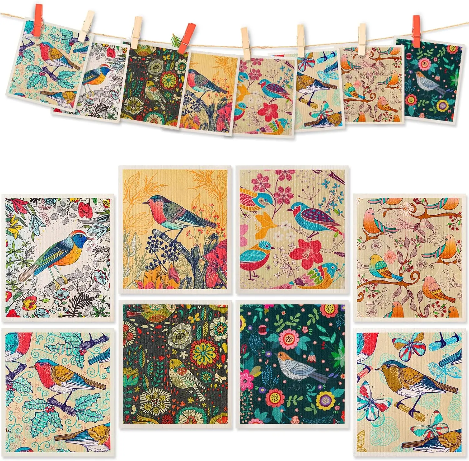 

Набор из 8 многоразовых шведских кухонных полотенец, впитывающие кухонные салфетки с узорами птиц и цветов, быстросохнущие, моющиеся.