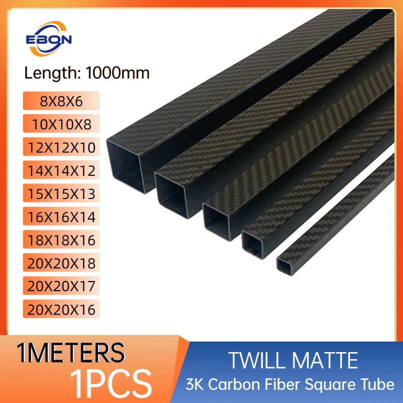 

EBON 1Pcs 1000mm 3K Carbon Fiber Square Tube OD8mm 10mm 12mm 15mm 18mm 20mm 22mm 25mm 28mm 30mm 35mm 40mm 50mm Twill Weave Matte