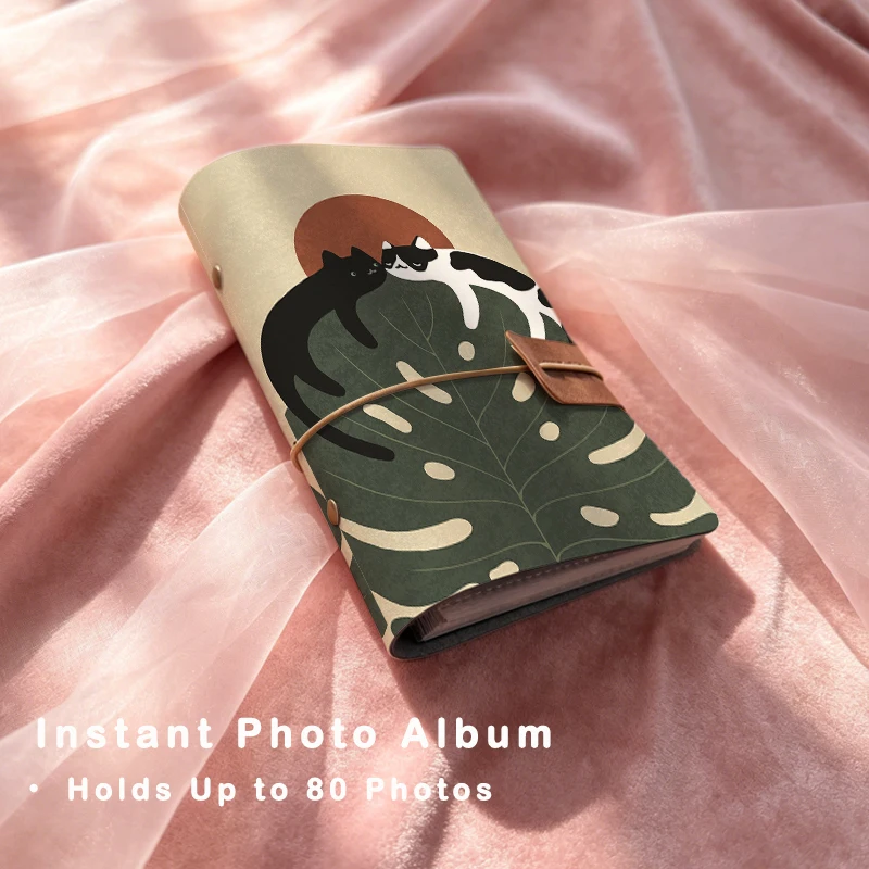 Retro Art Print Black White Cat Monstera Leaf PU Leather Photo Album 80 Pockets Portable Mini Instant Camera Photo Book Travel