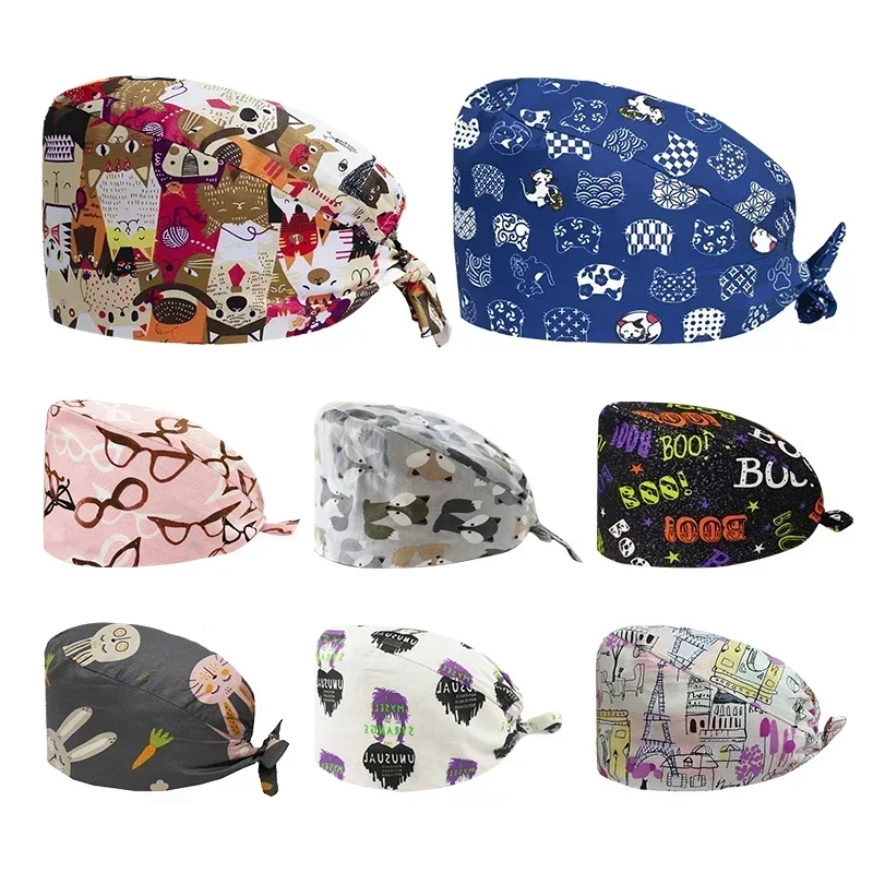 

Cartoon Doctor Operating Room Pattern Printed Nursing Head Cap Lab Scrub Pet Hospital Surgical Hat Unisex Dentist Scrub Cap