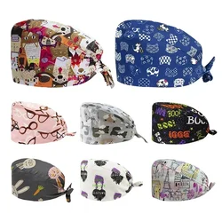 Cartoon Doctor Operating Room Pattern Printed Nursing Head Cap Lab Scrub Pet Hospital Surgical Hat Unisex Dentist Scrub Cap