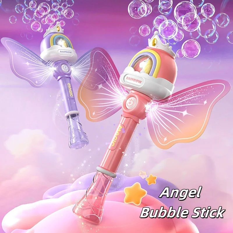 Bâton à bulles électrique ange entièrement automatique avec ailes, éclairage portatif, bâton magique de princesse, jouet de fête d'anniversaire en plein air, cadeau
