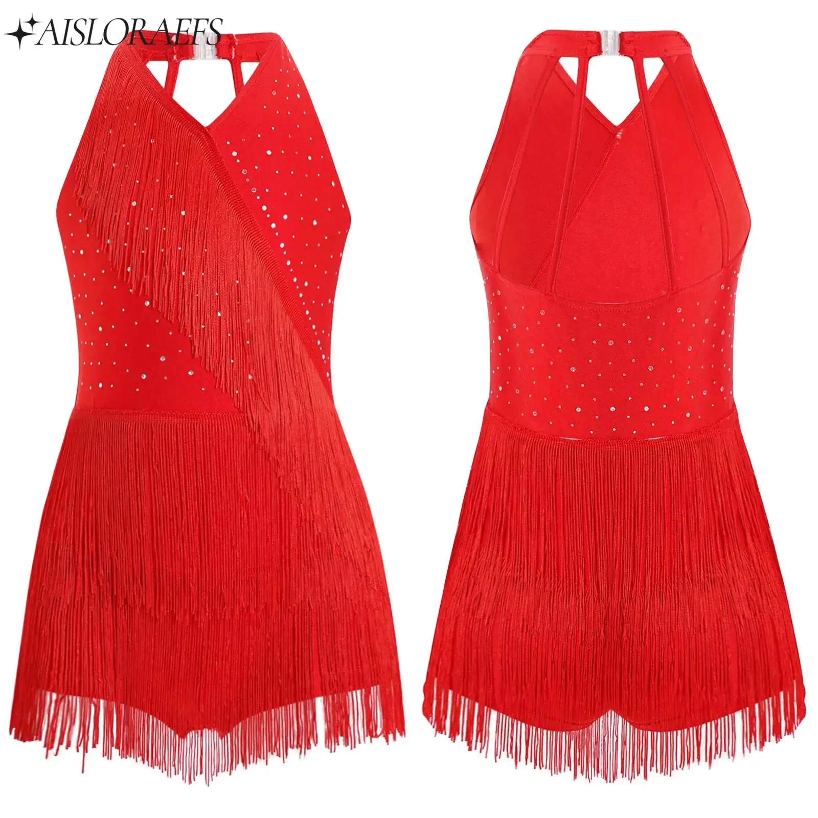 

Kids Shiny Sequins Latin Dance Dress for Girls Tassel Leotard Dress Professional Chacha Rumba Tango Dancing Performance Costumes