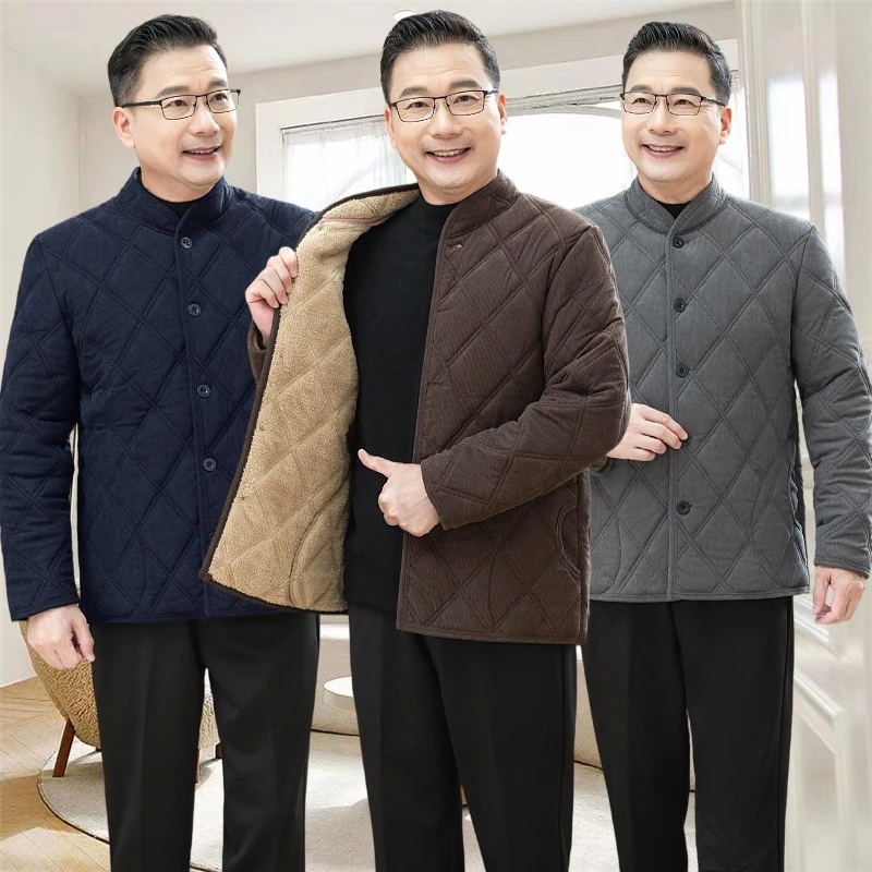 

Утепленная хлопковая куртка для мужчин: зимнее пальто на пуговицах, повседневное, с длинными рукавами, однотонное, для мужчин среднего возраста и...