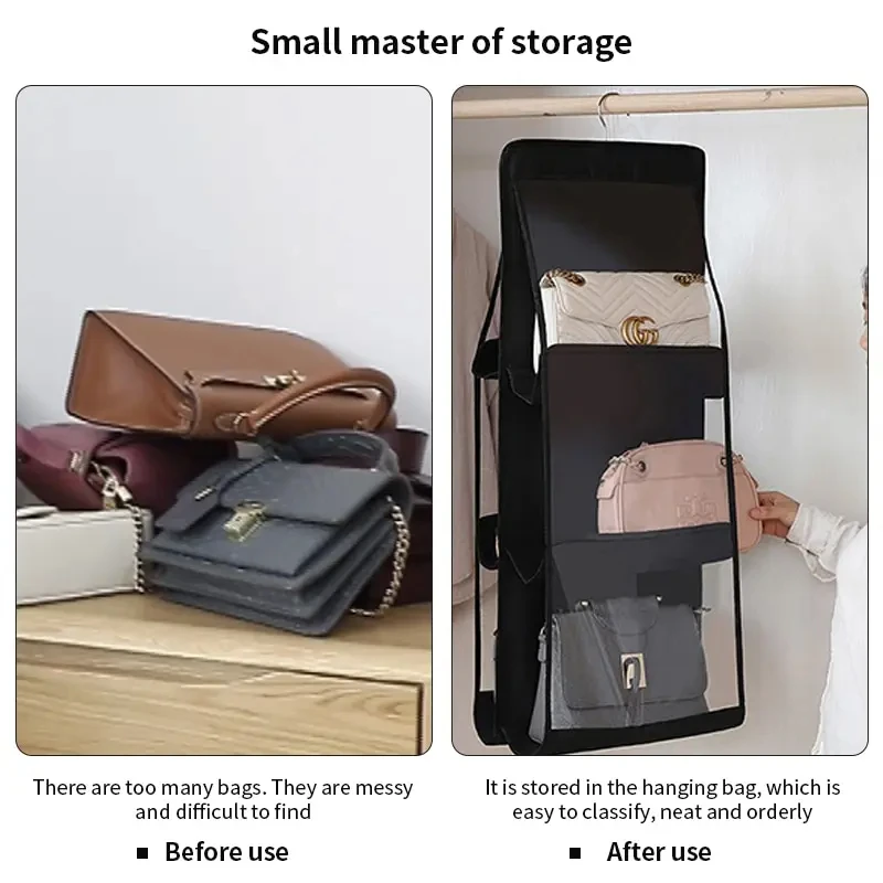 Black Handbag Hanging Organizer With 6 Pockets Foldable Oxford Cloth Handbag Storage Bag For Family Closet Bedroom image 4