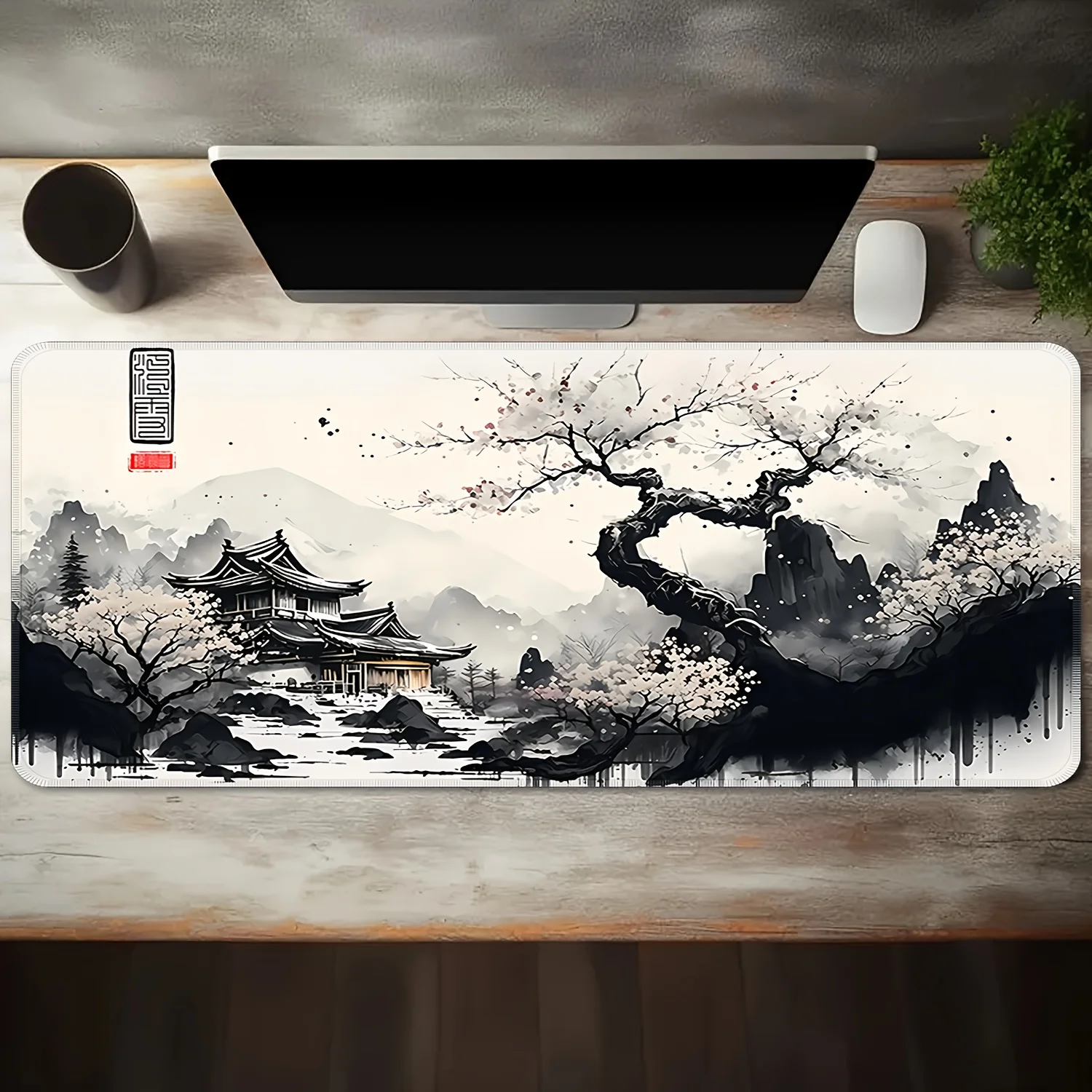 Ink plum blossom large mousepad office computer laptop mouse keyboard pad new thickened washable rubber non-slip carpet tablemat