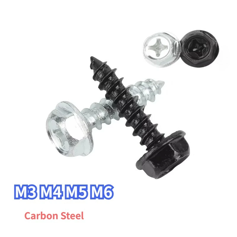 Carbon Steel Black/White Zinc M3 M4 M5 M6 Self-Tapping Phillips Hex Screw Cross Hexagonal Flange Cross Head Screws Wood Nail