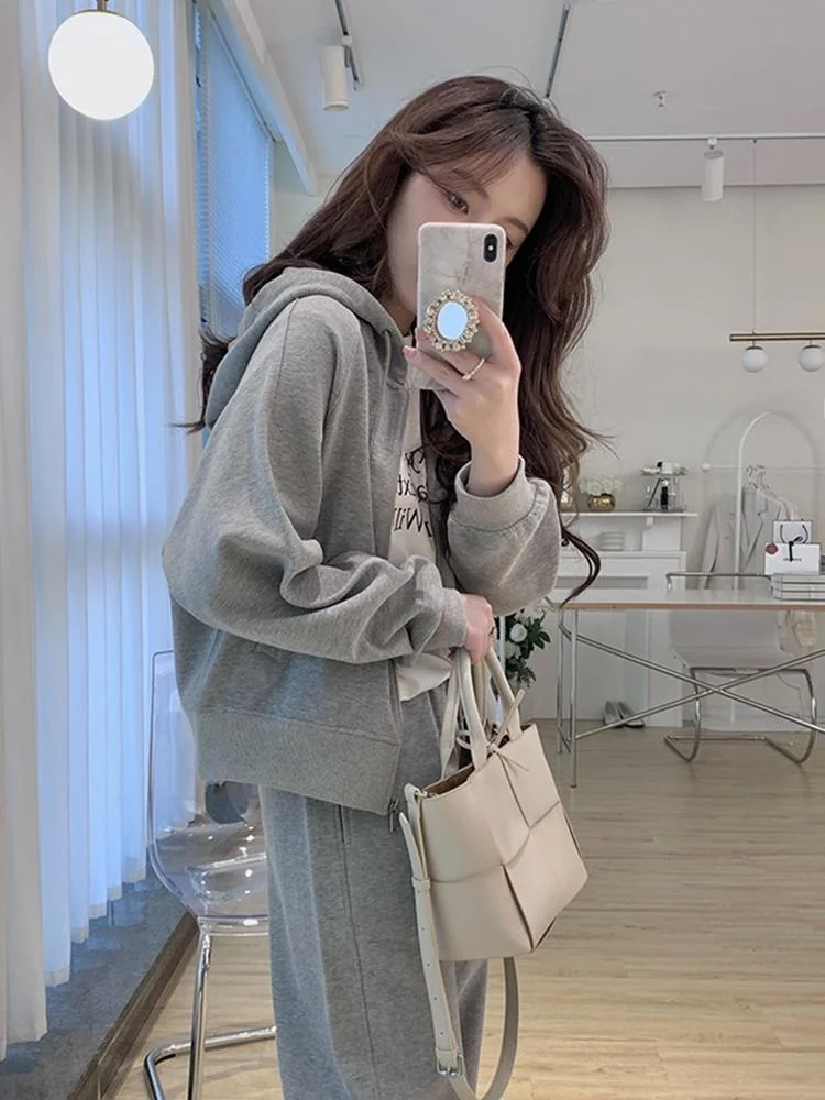

Loose Fit Hoodie Sweatpants Set Women's Spring Autumn Casual Korean Style Student Fashion Two Piece Set Long Sleeve Zipper