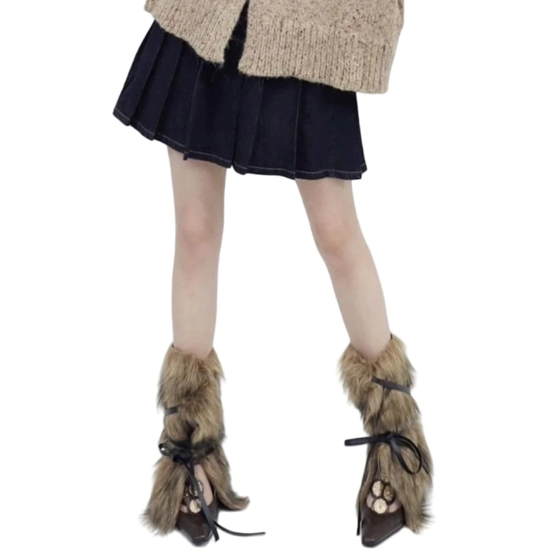 

Vintage Plush Leg Warmers with Ties Harajuku Winter Fuzzy Boot Covers for Women Dropship