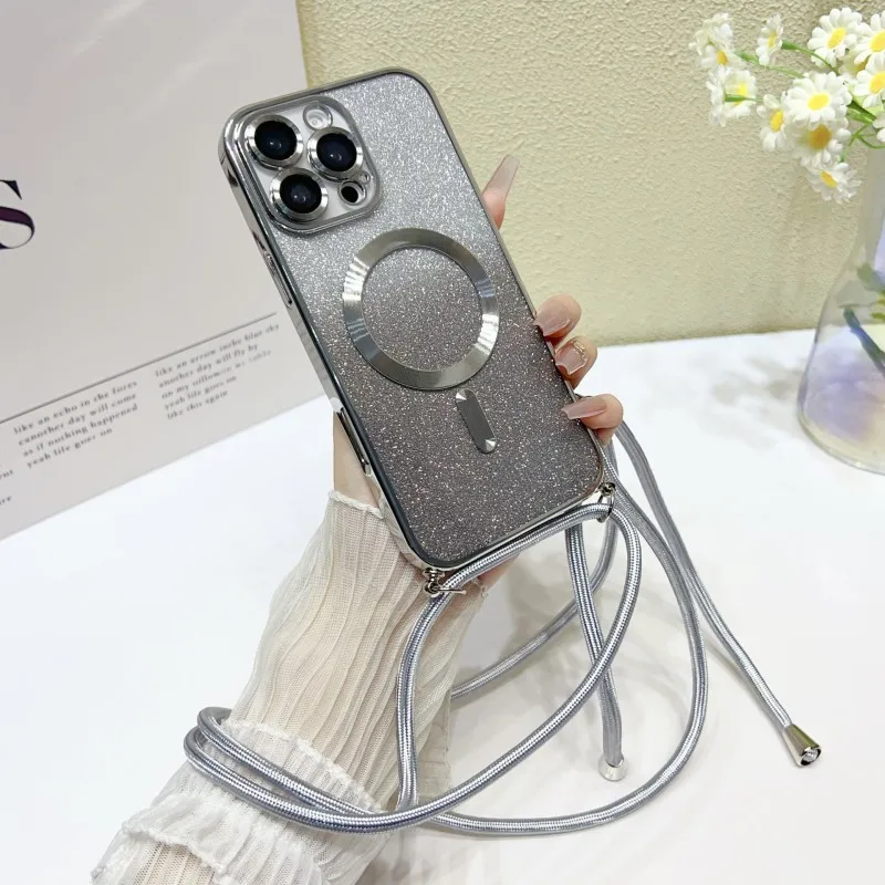 Magnetische Schutzhülle mit Trageriemen für Samsung S25 Ultra Galaxy S24 FE S21 S26 S22 S23 Plus A56 Kabellose Glitzer-Beschichtung Crossbody Lanyard Cover – Detail 20