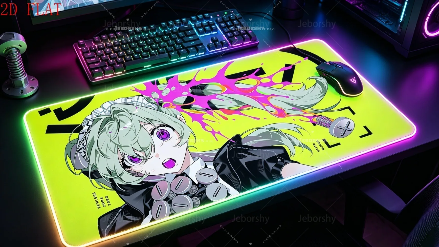 

RGB LED Anime Maid Girl Gaming Mouse Pad, Neon Yellow Desk Mat for Gamers