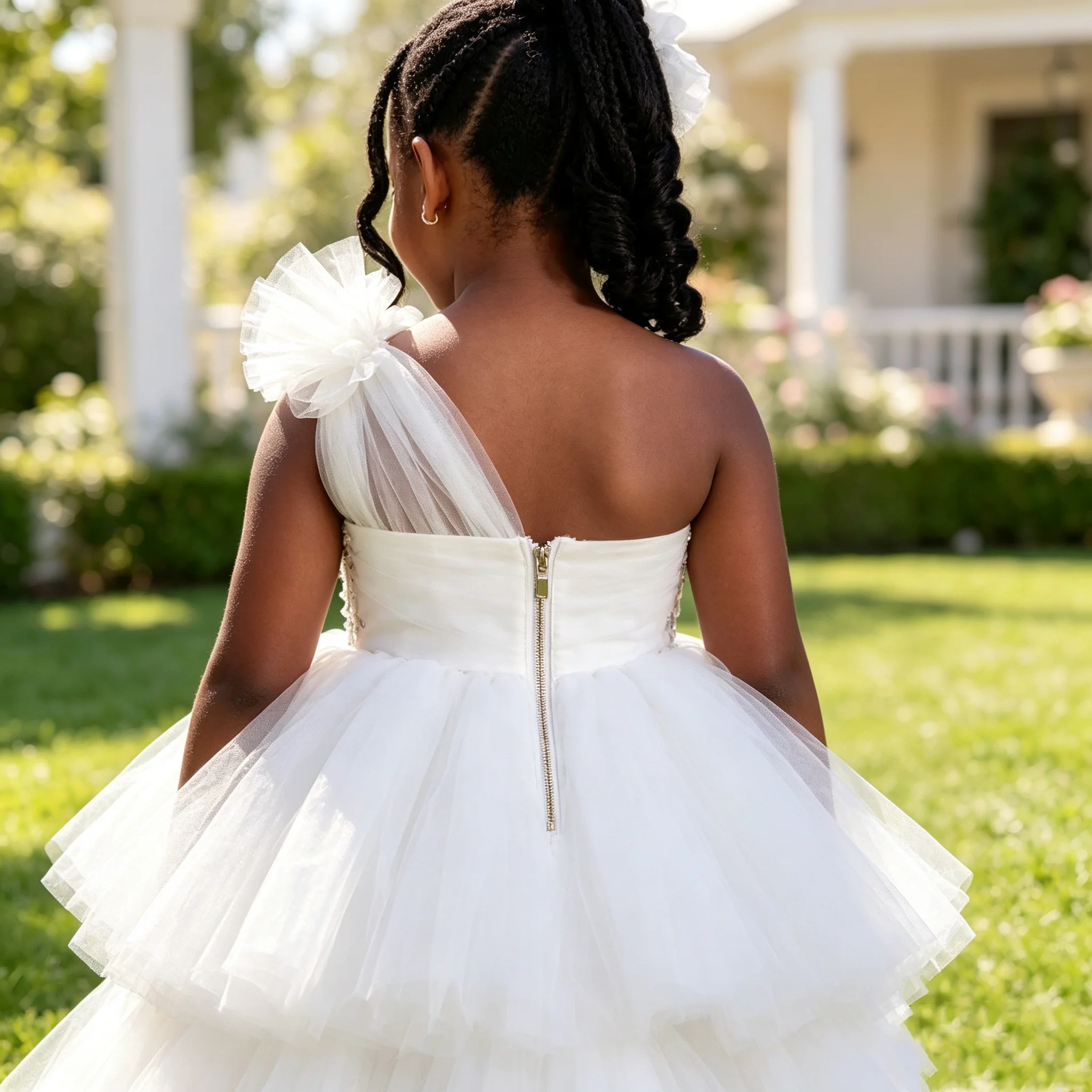 One Shoulder Silver Decoration Flower Girl Dress Puffy Layered Toddler Pageant Dress Birthday Photoshoot Princess