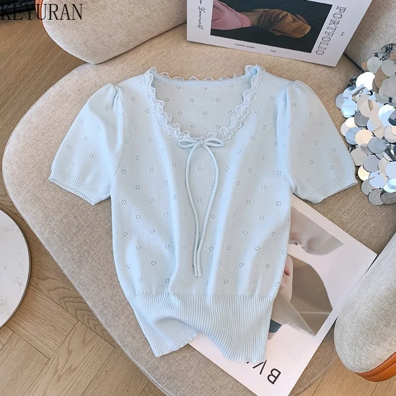 2024 Summer Hollow Out Short Sleeve Sweater Women Knit T-shirt Korean Style Sweet Thin Pullovers Knitwear Tops Jumper Pull Femme