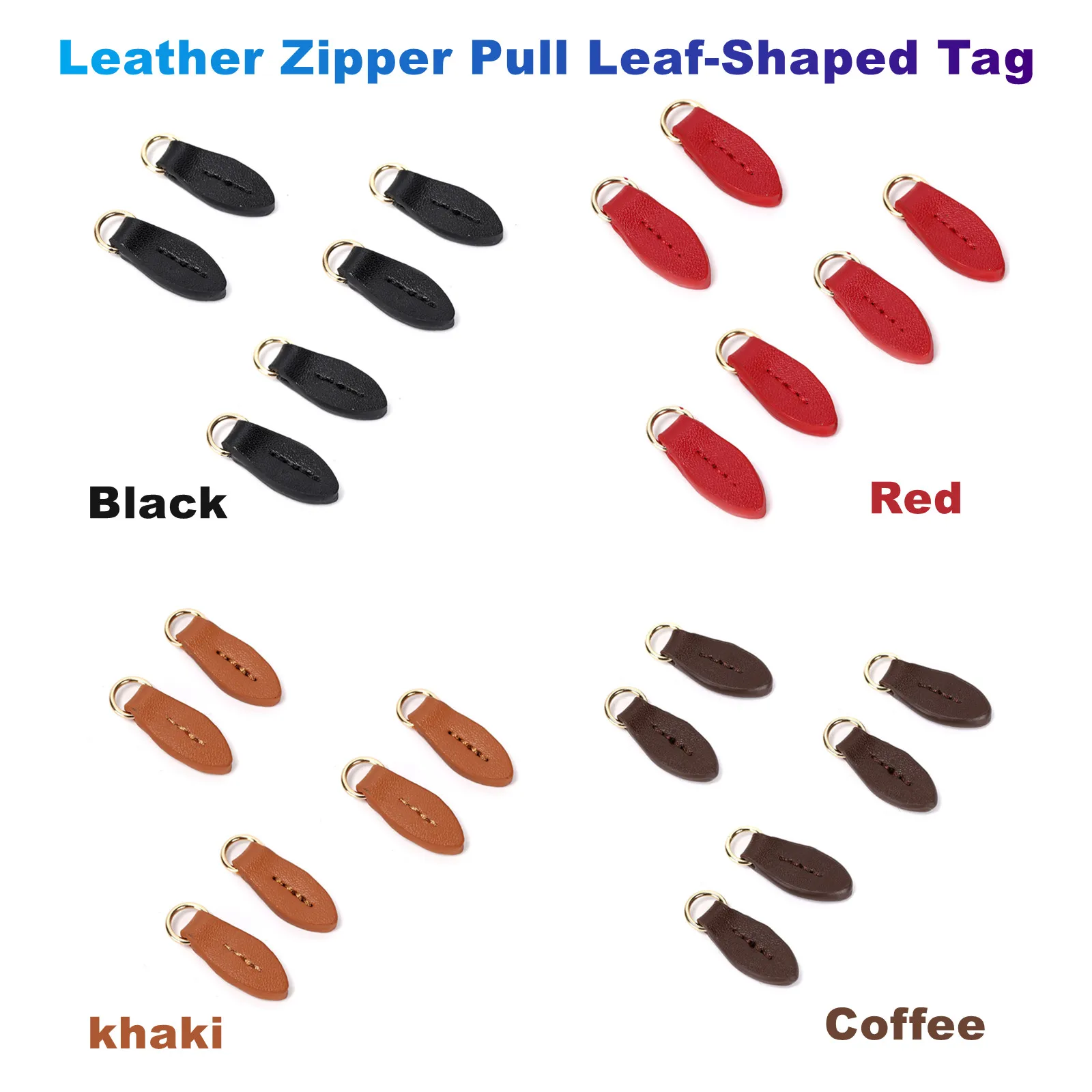 6Pcs/Lot Leather Zipper Pull Leaf-Shaped Tag With Gold Ring for Repairing Replacement Zipper Head, Boots, Clothes, Bags，Jacket