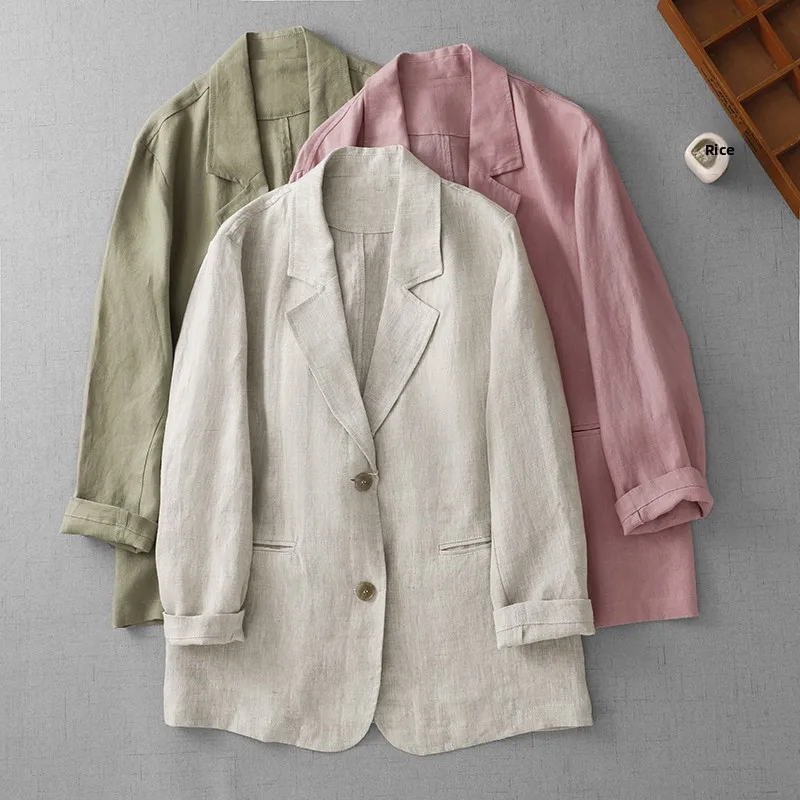 

Retro Cotton Linen Lightweight Loose Women's Suit Jacket New Style Silhouette Slimming Pure Color plus Size Thin Model
