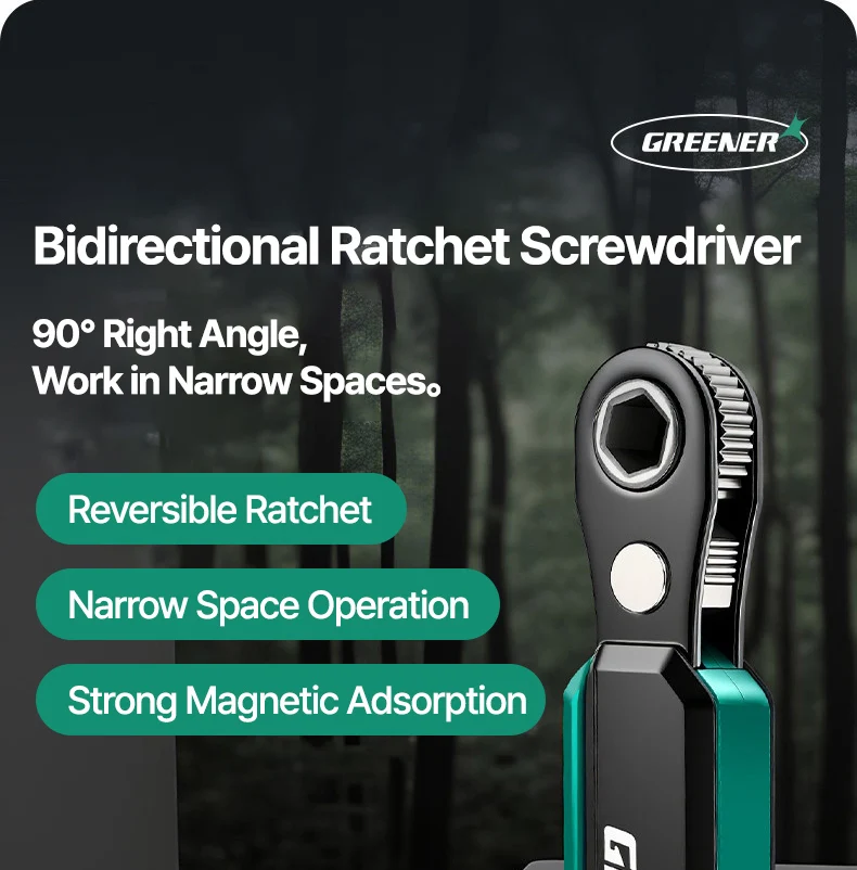 GREENER 72-Tooth Reversible Ratchet Wrench Set 1/4 Inch Hex Drive Quick Release CR-V Steel Right Angle For Auto Home Repair