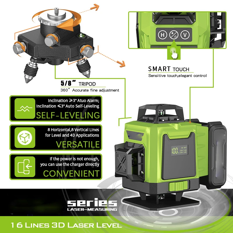 

Laser Vert Self-leveling Laser Level Instrument with 3000mAh Battery Lines Horizontal And Vertical D16 Line