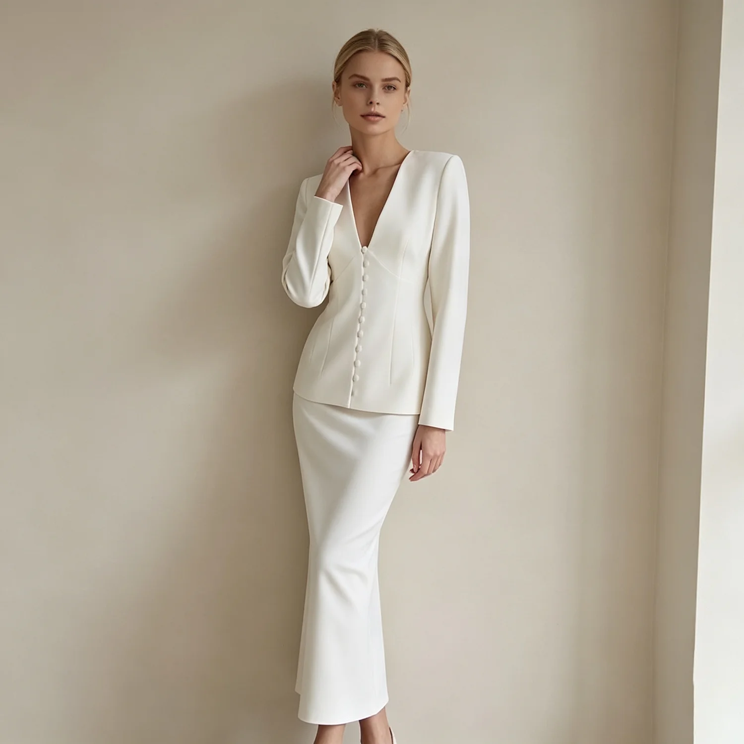 PUAL  2026 Women Cream Deep V Button Slim Blazer High Waist Mermaid Midi Skirt Elegant 2 Piece Formal Suit Set
