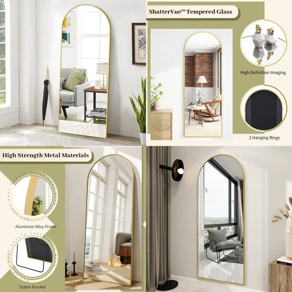 Miroir complet arqué – Miroir de sol 65x24 pour suspension murale ou penchée, miroir de sol en arc élégant avec support pour la décoration de la maison
