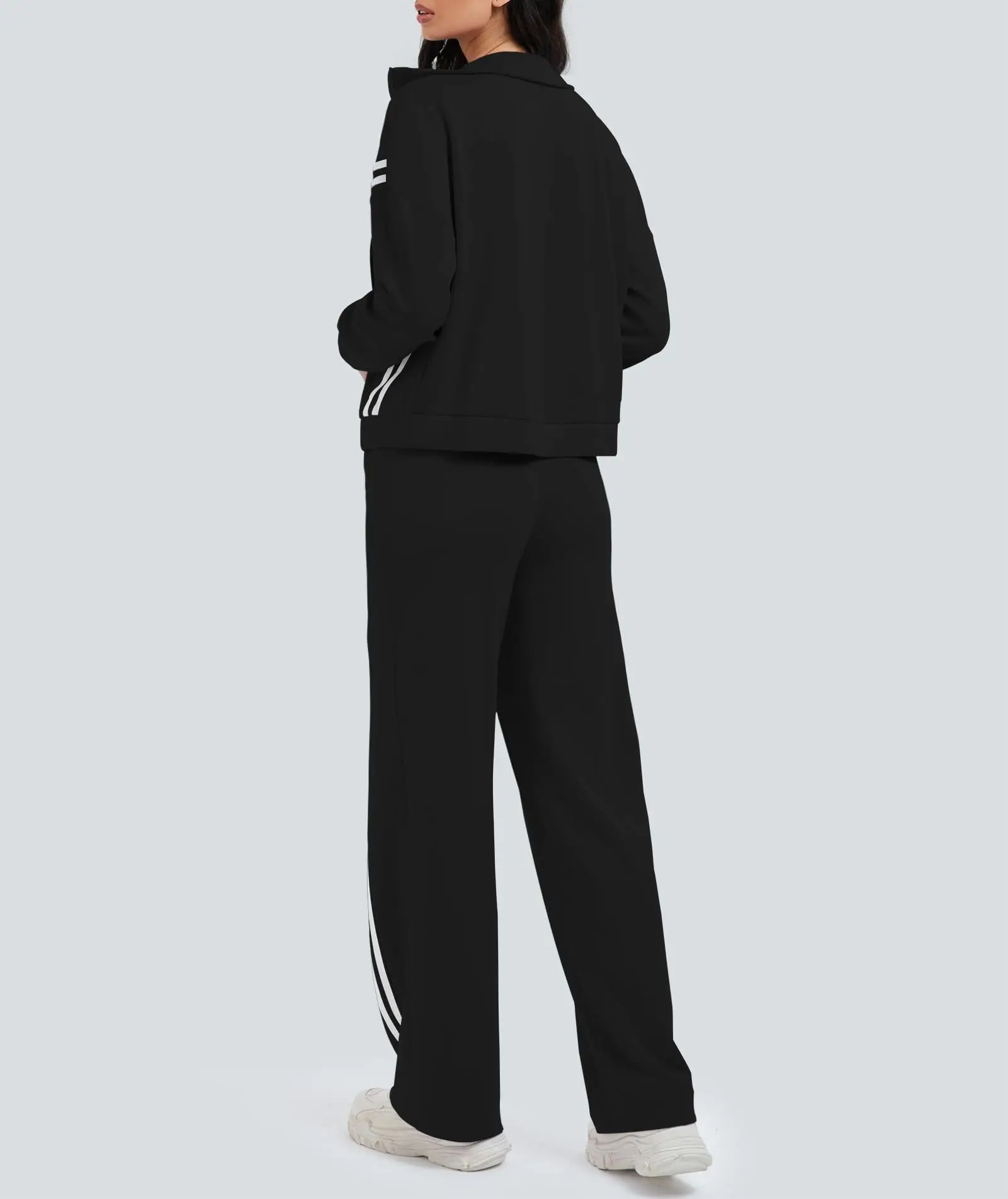 ملابس رياضية نسائية خريف شتاء مخطط موضة بناطيل فضفاضة غير رسمية بدلة بأكمام طويلة وسحاب سترة بنطلون طقم مكون من قطعتين