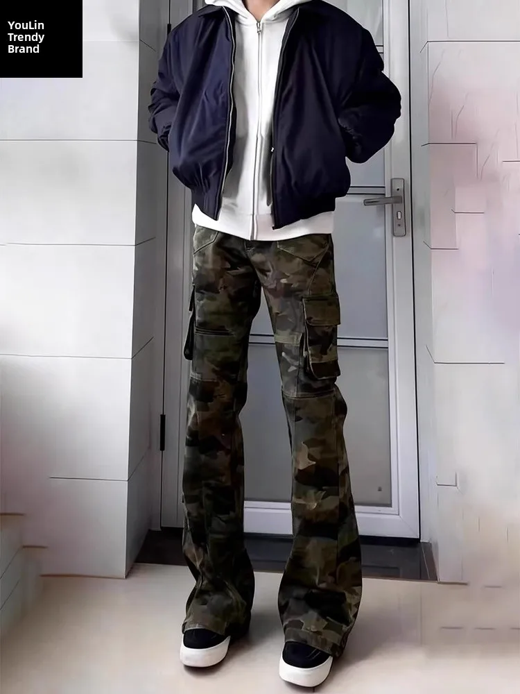 

Cleanfit Camouflage Workwear Pants Men's Fleece Lined Slim Fit Bell Bottom High Street Style Denim Trousers for Autumn Winter