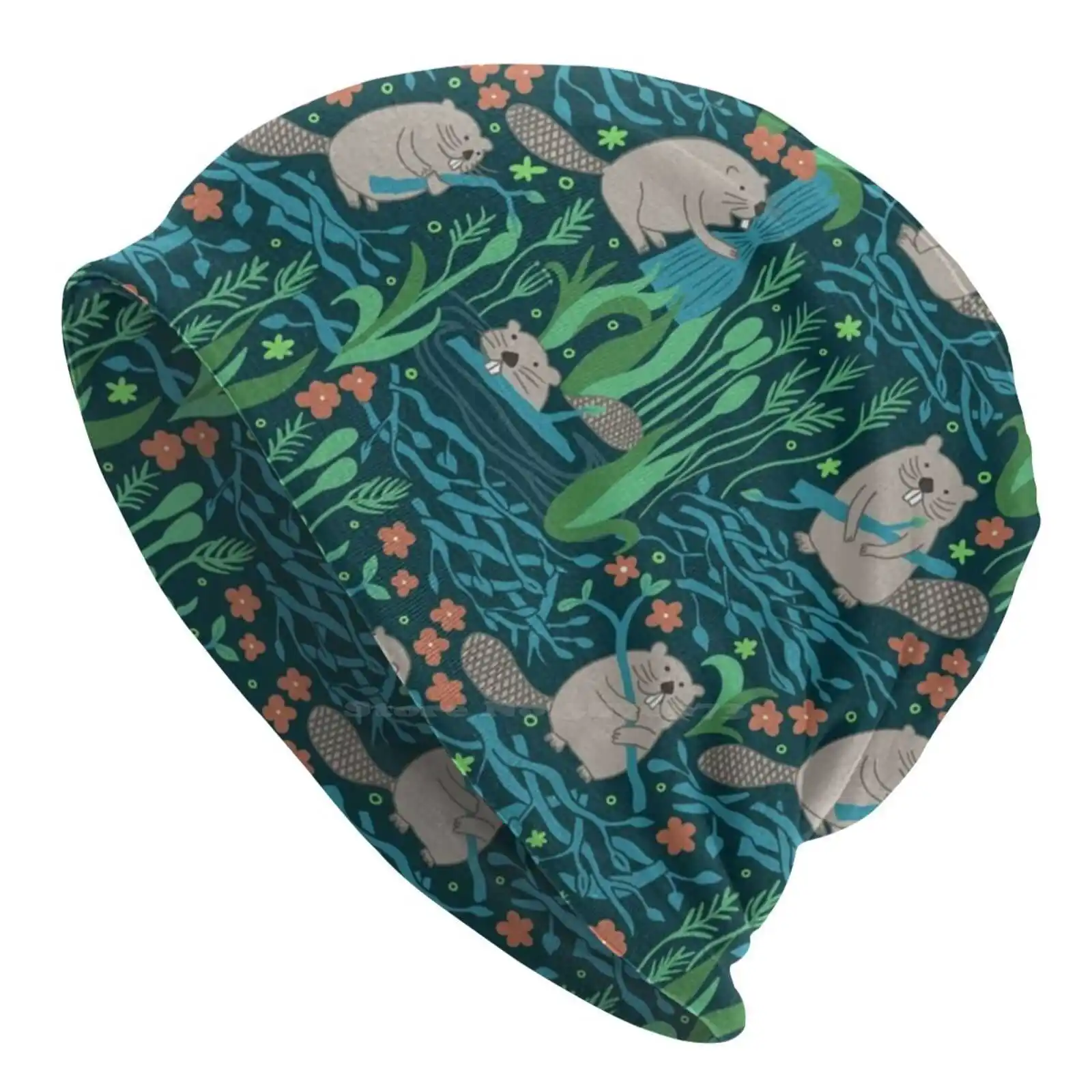 Busy Dam Beavers-Dark Knitted Hat Warm Beanie Outdoor Caps Beavers Dam Busy Nature Lake House Cabin Funny Animal Animal Pattern