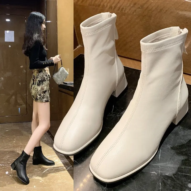 Elastic Socks Boots Fashion Ankle Boots Women High Heel Thicks  Heel Square Toe Short Boots Women Retro 2023 New Ladies Shoes