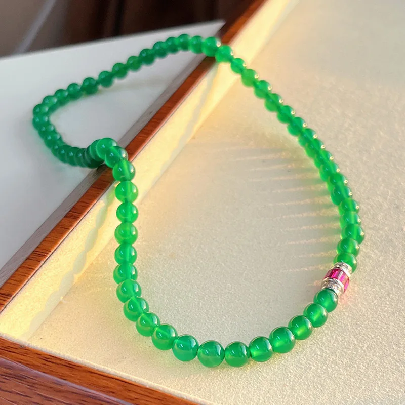 Green Jade Marrow Bead String Ice Emperor Green Silver Inlaid Pendant Versatile 6.0mm Full Chain Necklace 50cm