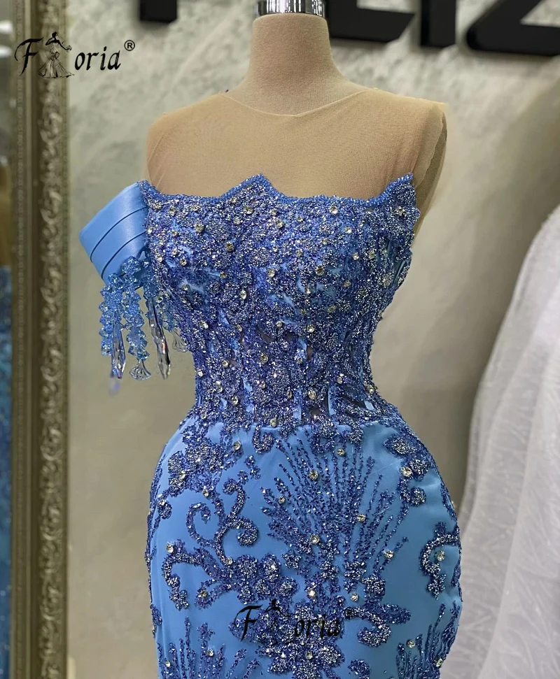 Sparkly Beadings Appliques Mermaid Blue Formal Occasion Dress Stones Tassel Slit Evening Party Gown African Woman Prom Dresses