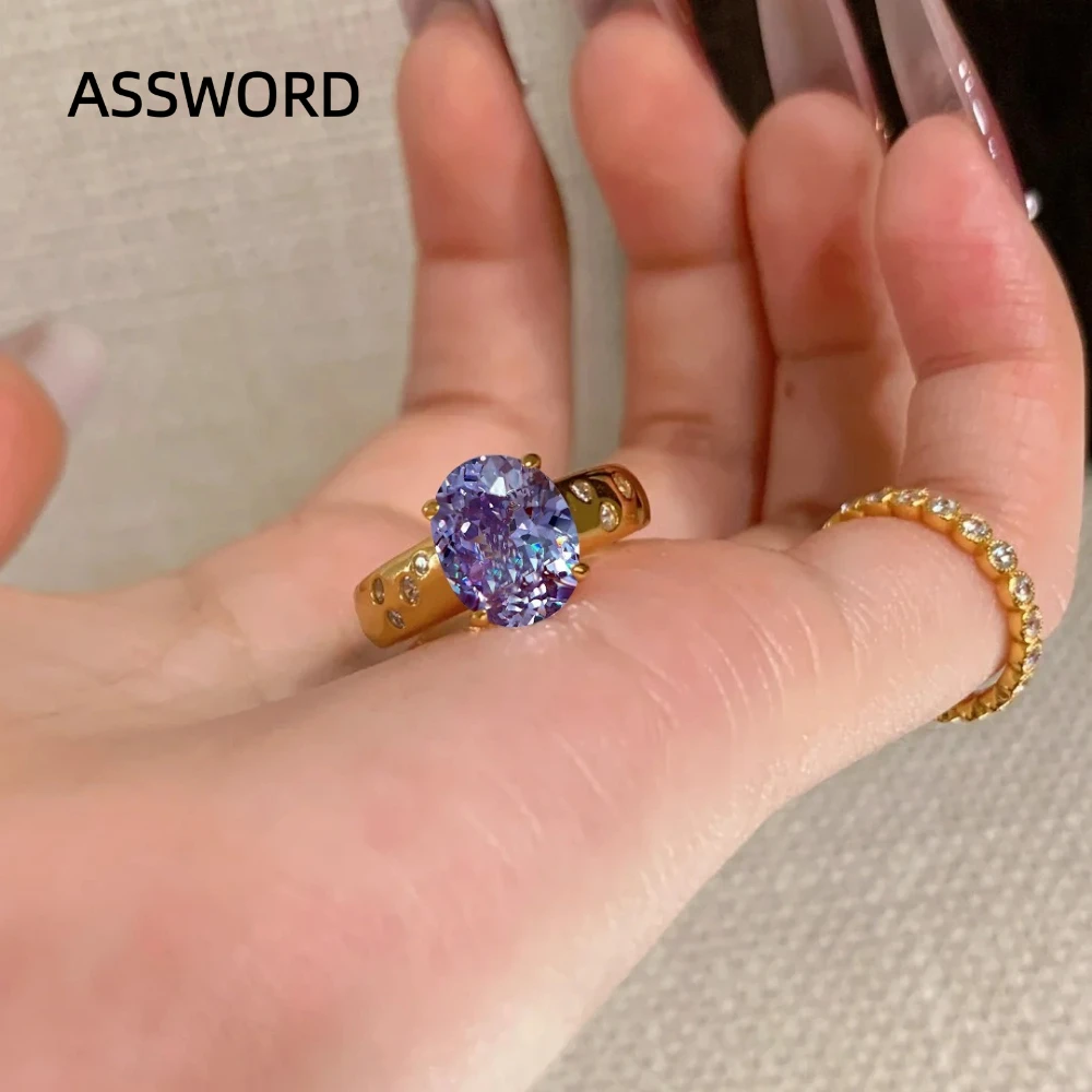 925 Sterling Silber Vergoldeter Ovaler Lila Moissanit-Ring Vintage Dickes Band mit Seitensteinen Eingelegter Ring für Damen Schmuck Geschenk – Detail 3