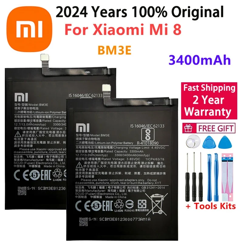 2024 100% 오리지널 샤오미 휴대폰 배터리, BM3E, 샤오미 미 8 Mi8 M8 용, 3400mAh 교체 배터리, 빠른 배송