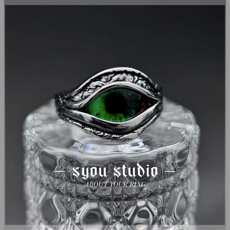 New Oval Green Colour Retro Devil\'s Eye Geometric Stainless Steel Ring Man Punk Rock Neutral Party Women Gift Jewelry Wholesale