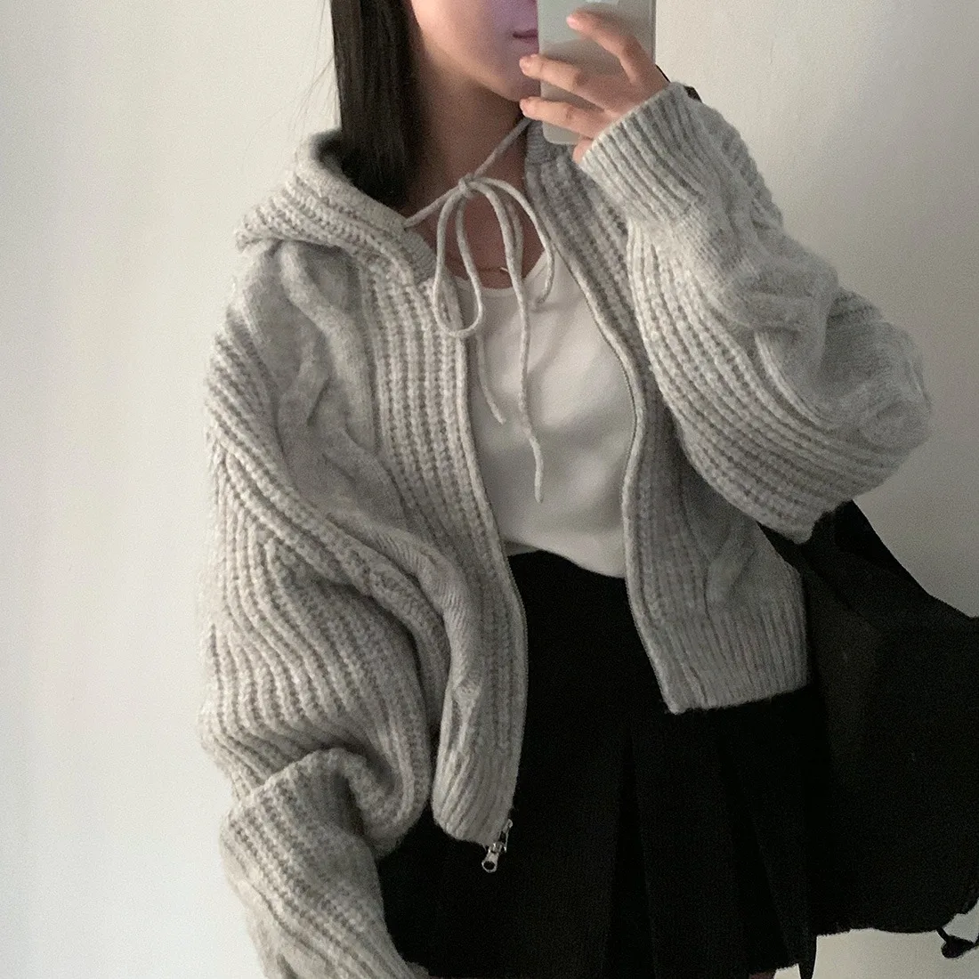 

Loose Women's Knitwear Coat Double Zipper Design Lazy Spiral Hat Autumn Winter Casual Sle Fce Lined Long Sve Top