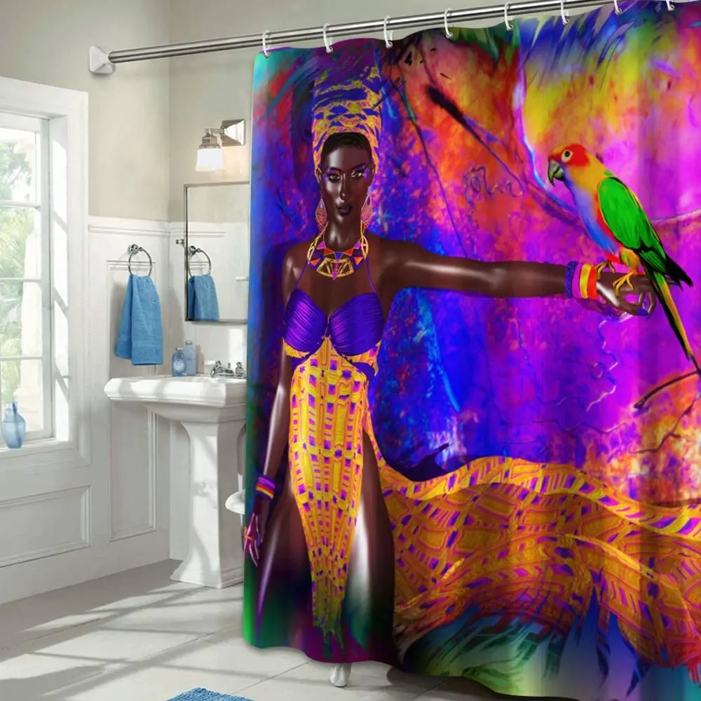 Colorful Star African Woman Parrot Shower Curtain Bath Decor Polyester Fabric Afro Ethnic Bathroom Accessories With Hooks