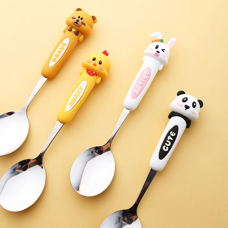 Cute Stainless Steel Spoon Ice Cream Coffee Dessert Spoon Panda Rabbit Brown Bear Silicone Handle Spoon Kitchen Accessories