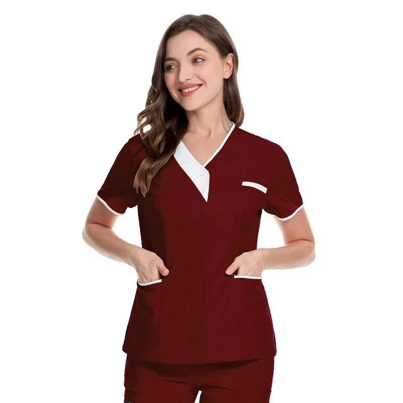 Nurse Uniform Scrubs Tops Womens Short Sleeve Pocket Overalls Uniforms Medical Nursing Working Workwear Workers Tunic Scrubs Top