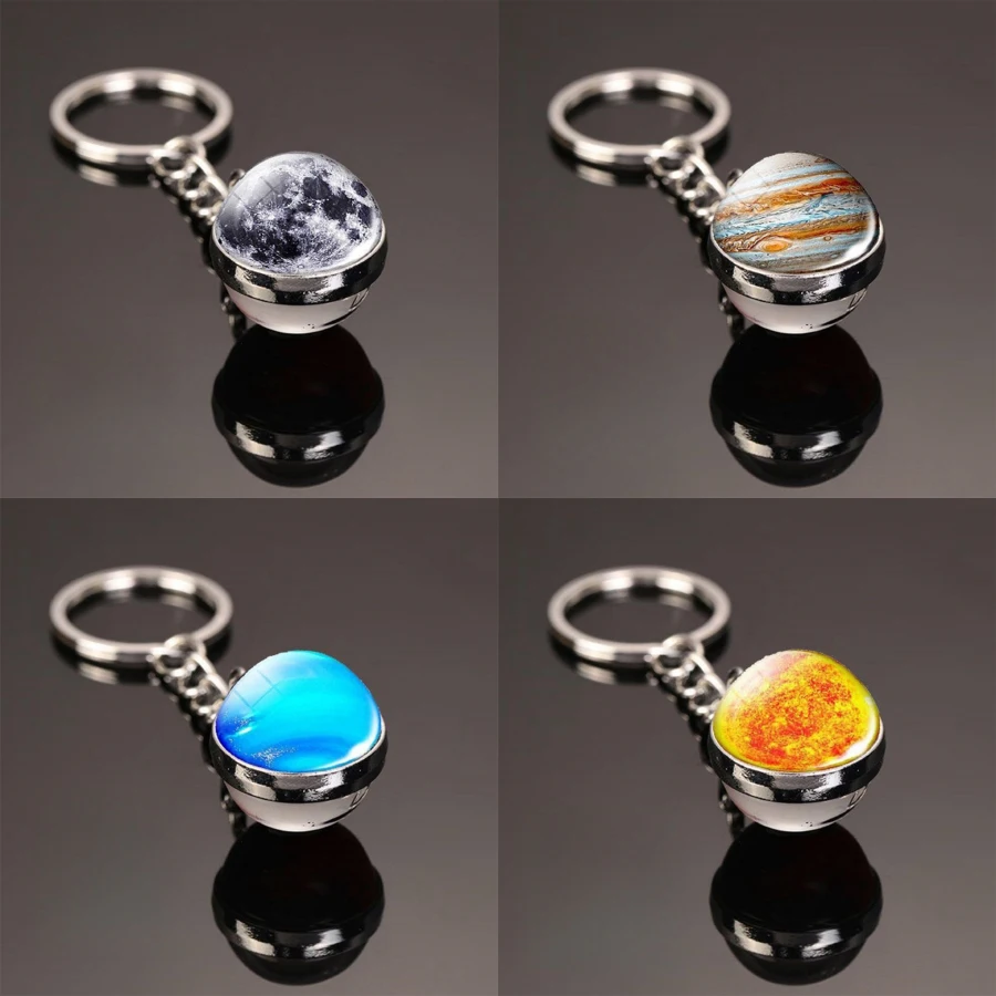 Noter New Planet Keychain Men Women Metal Bag Pendant Keyring Galaxy Nebula Earth Mars Saturn Double Sided Glass Ball Keyholder