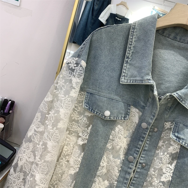 2026 Summer New Streetwear Embroidery Lace Patchwork Sexy Denim Jacket Women Frayed Tassel Loose Korea Blue Jean Coat Outwear