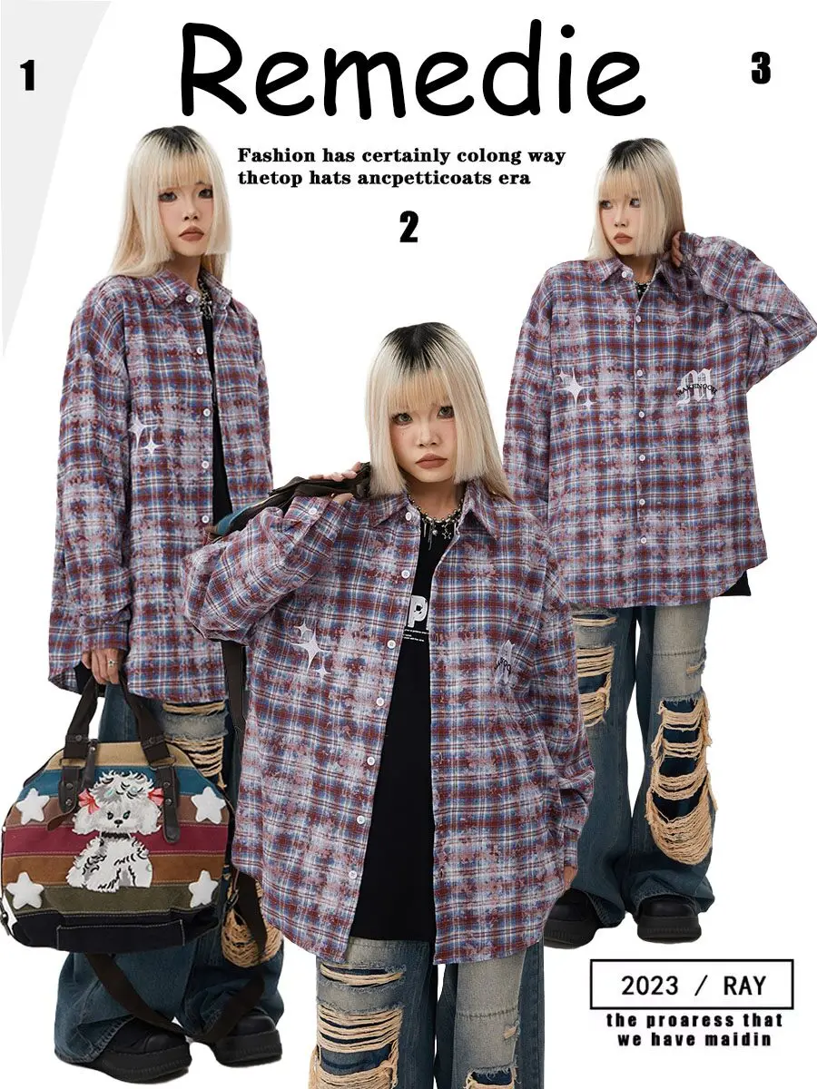 

Retro American Plaid Long Sve irt Couple Sle Dyed Cheered Sunscreen Coat Casual Straight Tube Design for Young Women