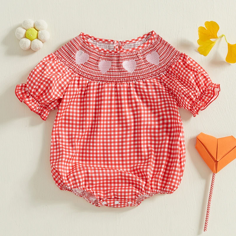 Baby Girl Valentines Day Outfit Love Heart Smocked Bubble Romper Puff Short Sleeve Bodysuit Toddler Summer Clothes