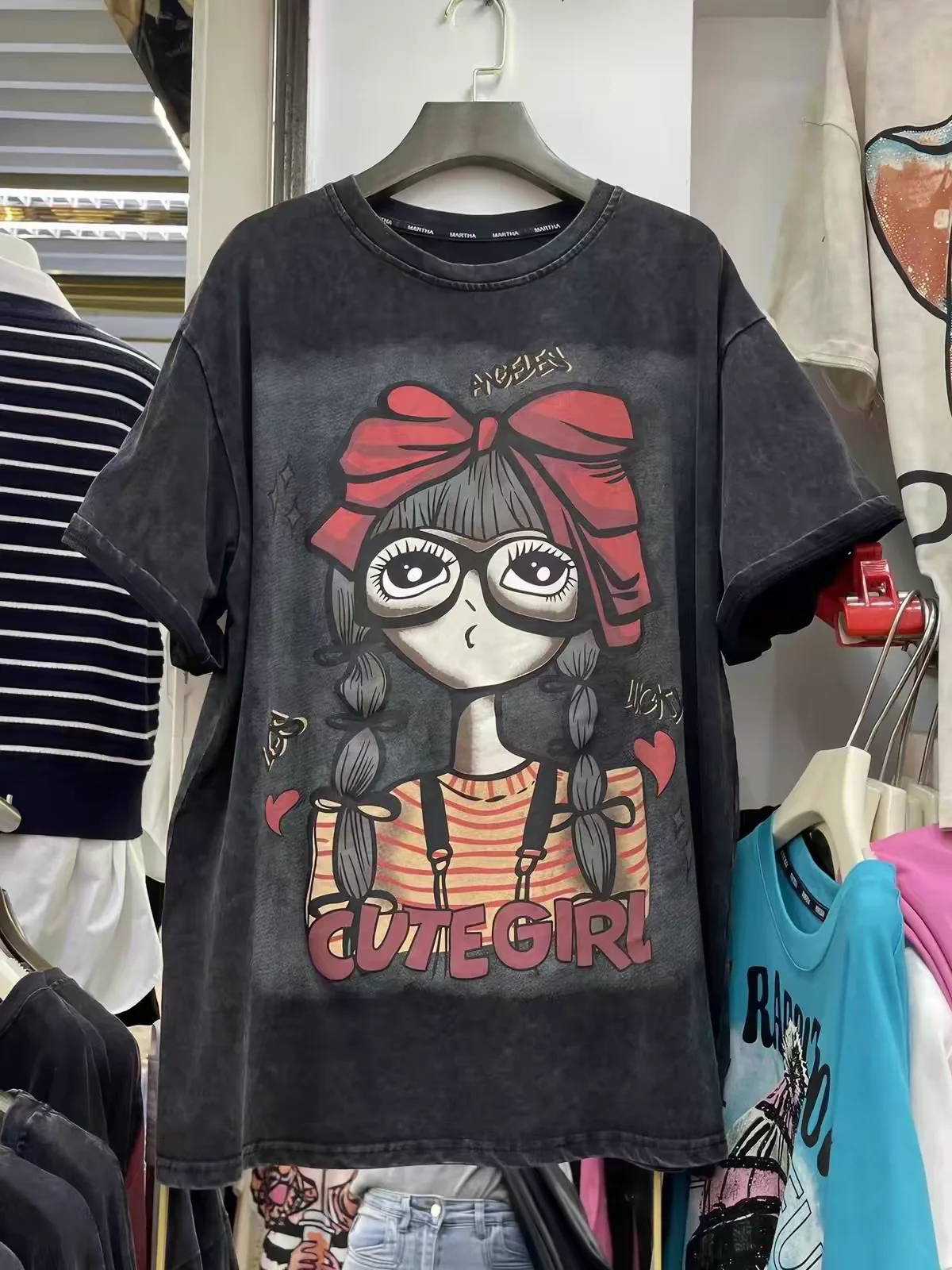 2026 water washed vintage summer niche loose cotton short sleeved cartoon popular round neck women's T-shirt