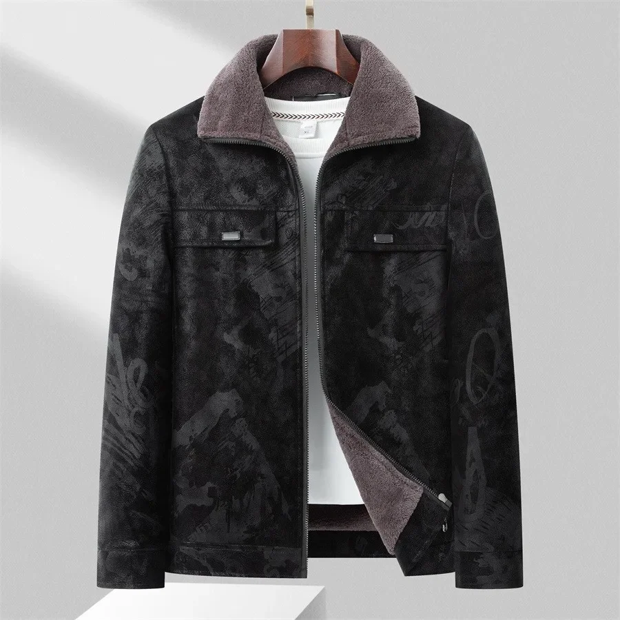 New Winter Men Fleece Warm Suede Leather Jackets Man Slim Casual PU Leather Coats Quality Male Fashion Down Jackets Size 5XL