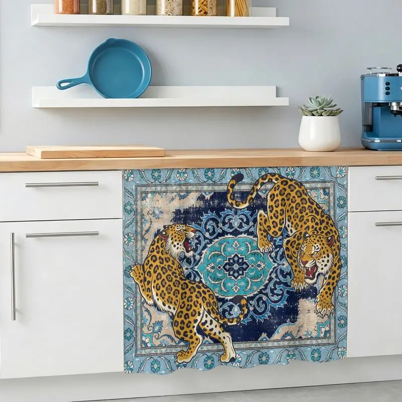 VIKAMA Boho Two Leopards Blue Rug Under Sink Skirt Rod Pocket Kitchen Cabinet Curtain Farmhouse Kitchen Decor