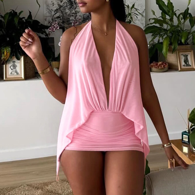 

OMSJ Women's Solid Color Casual Halter Neck Mesh Sleeveless Open Back Short Dress Nightclub Vacation Sexy Fashion Tight Vestidos