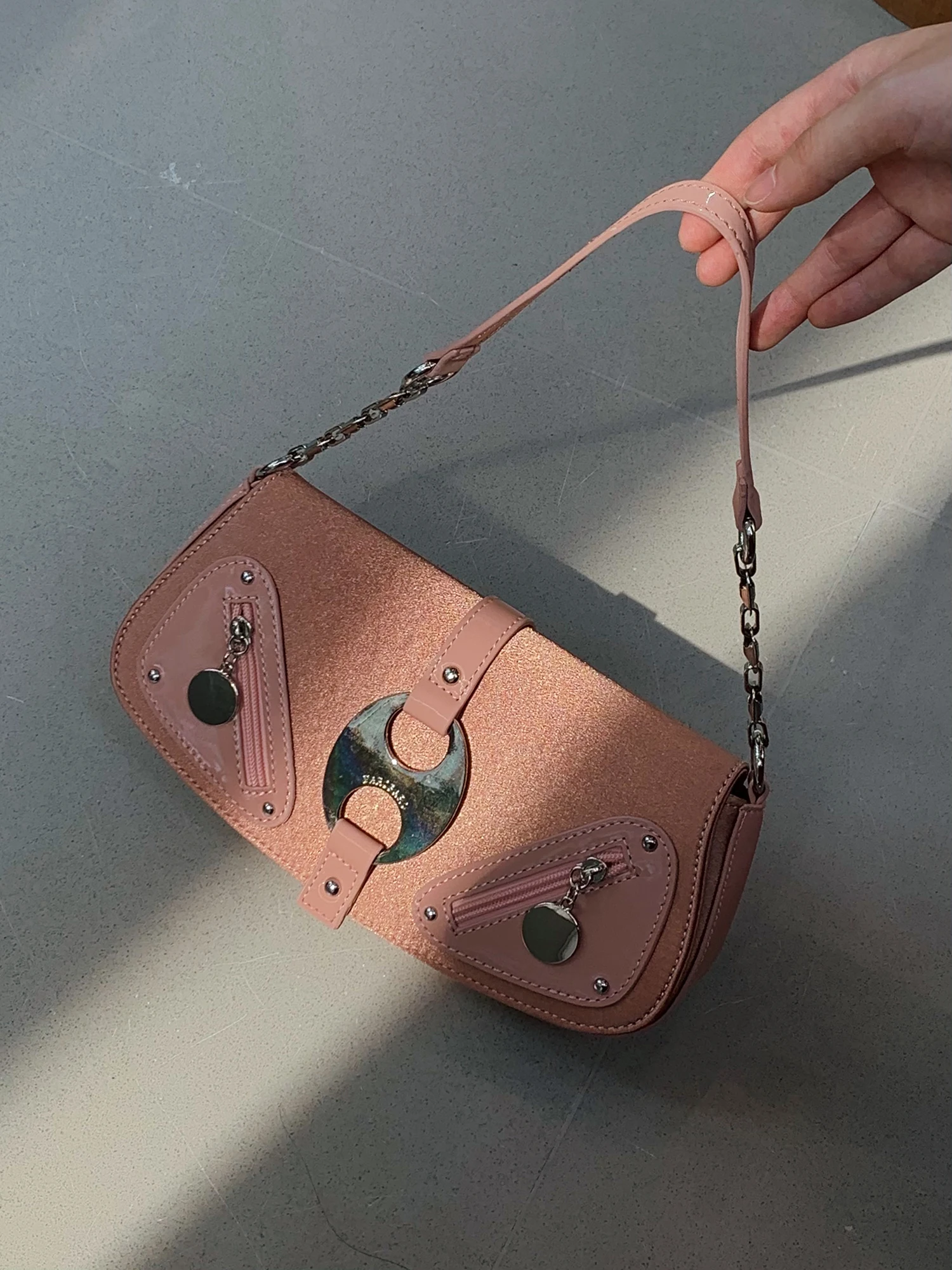 Borsa a tracolla riflettente con anello in metallo a doppio foro Spice Girl di nicchia dal design originale