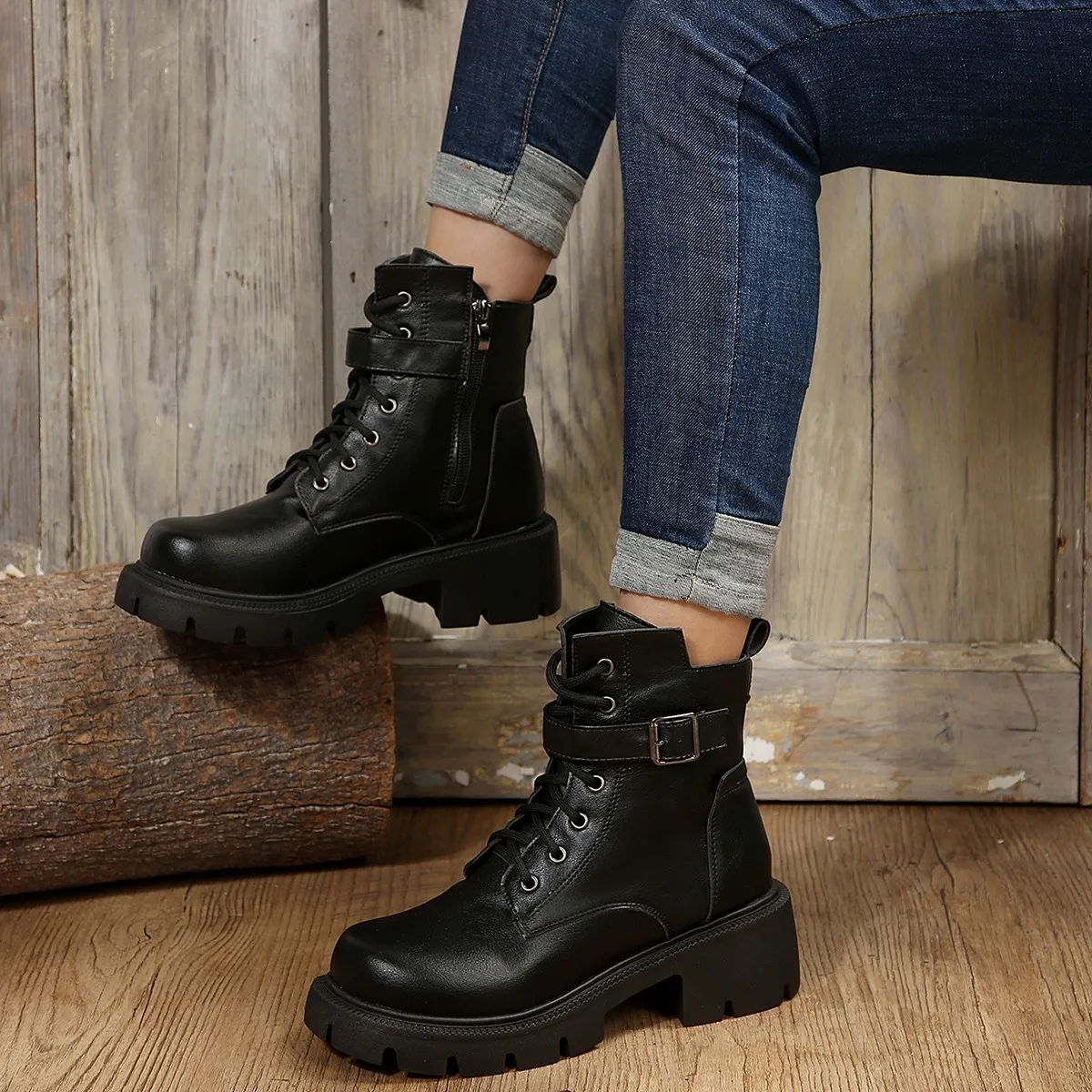 Belt Buckle Platform Combat Boots Women Chunky Heels Lace Up Ankle Boots Woman Side Zipper PU Leather Short Booties Plus Size 43