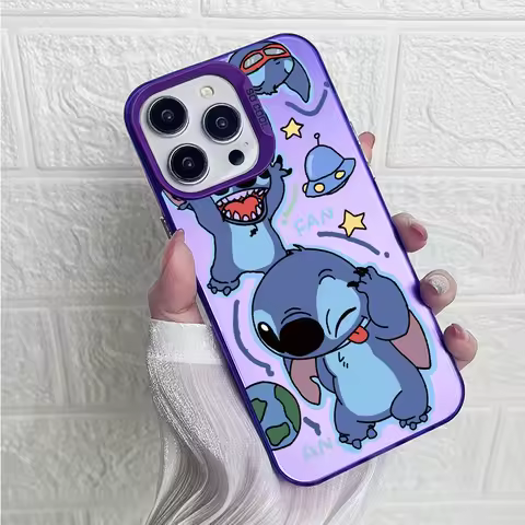 Cute Chagrined Stitch Luxury Lens Circle Skin Phone Case for Samsung Galaxy Note 20 Ultra S25 S24 Plus S23 FE S22 S21 A51 A30S